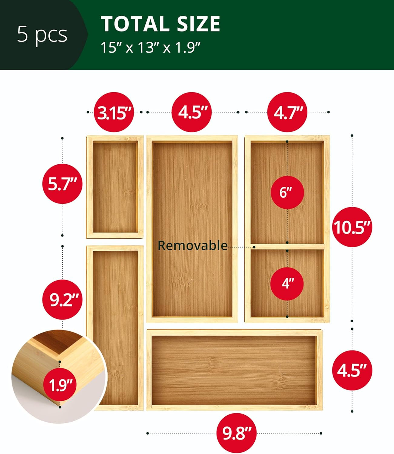 Luxury Bamboo Drawer Organizer Storage Box, Bin Set - Multi-Use Drawer Organizer for Kitchen, Bathroom, Office Desk, Makeup, Jewelry (5 Boxes)
