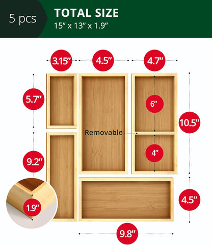 Luxury Bamboo Drawer Organizer Storage Box, Bin Set - Multi-Use Drawer Organizer for Kitchen, Bathroom, Office Desk, Makeup, Jewelry (5 Boxes)