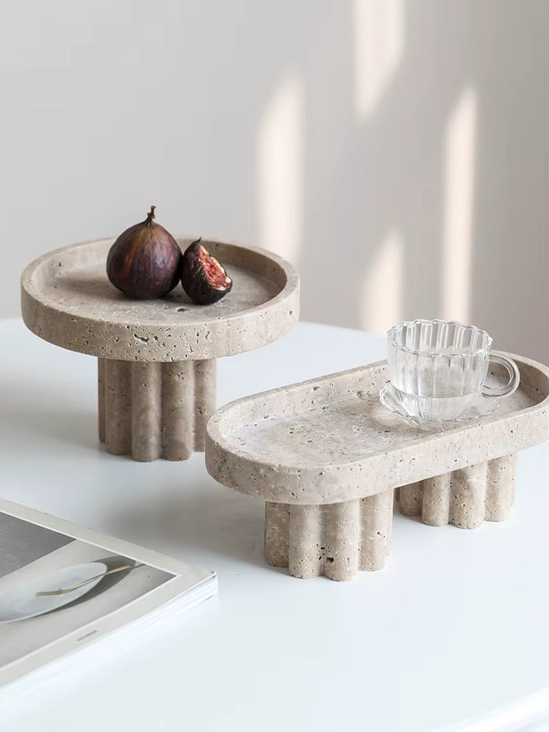 Luxury Marble Serving Tray with Legs, Decorative Travertine Dish for Coffee Table Decor, Stone Vanity Tray for Perfume Candles