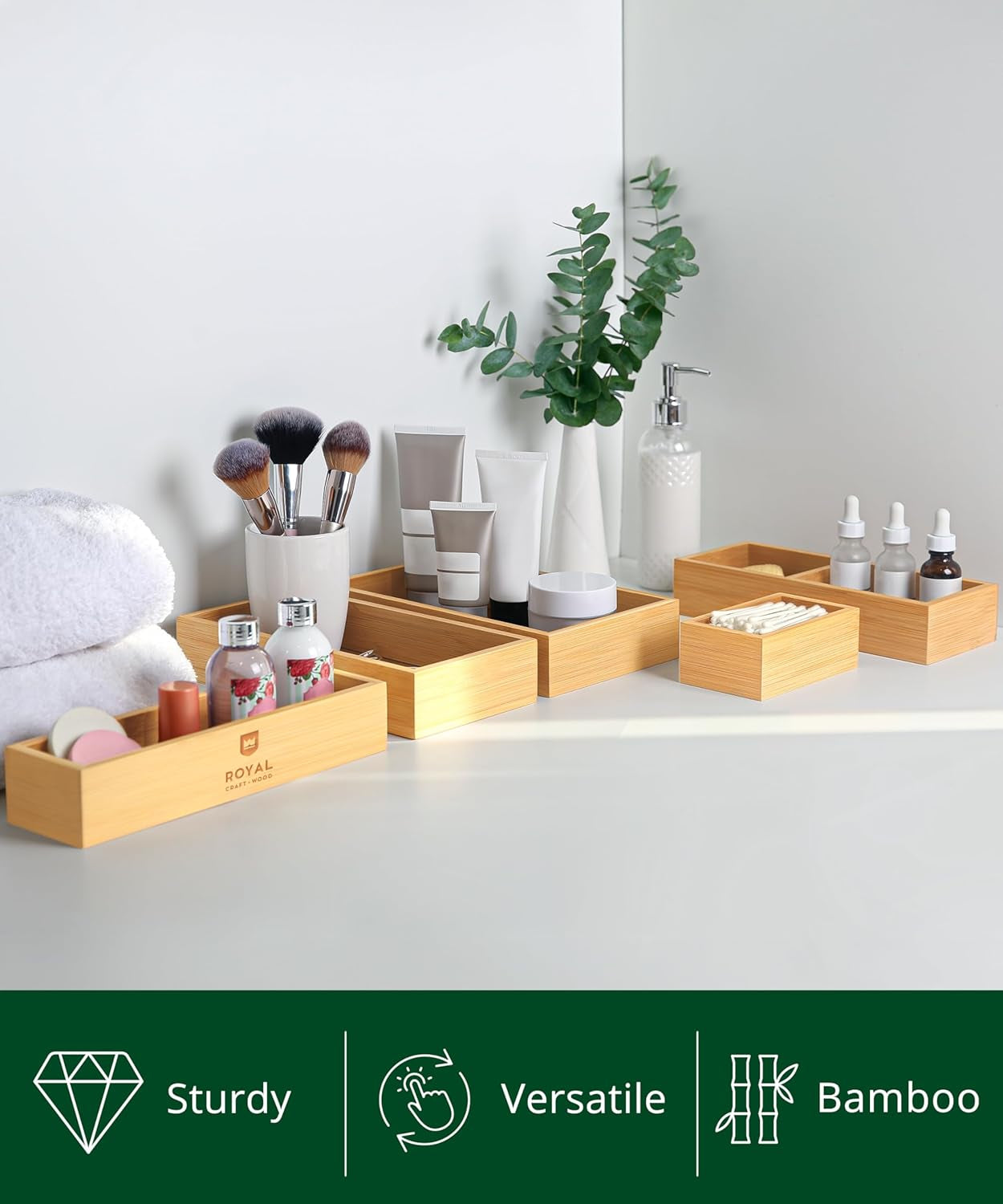 Luxury Bamboo Drawer Organizer Storage Box, Bin Set - Multi-Use Drawer Organizer for Kitchen, Bathroom, Office Desk, Makeup, Jewelry (5 Boxes)