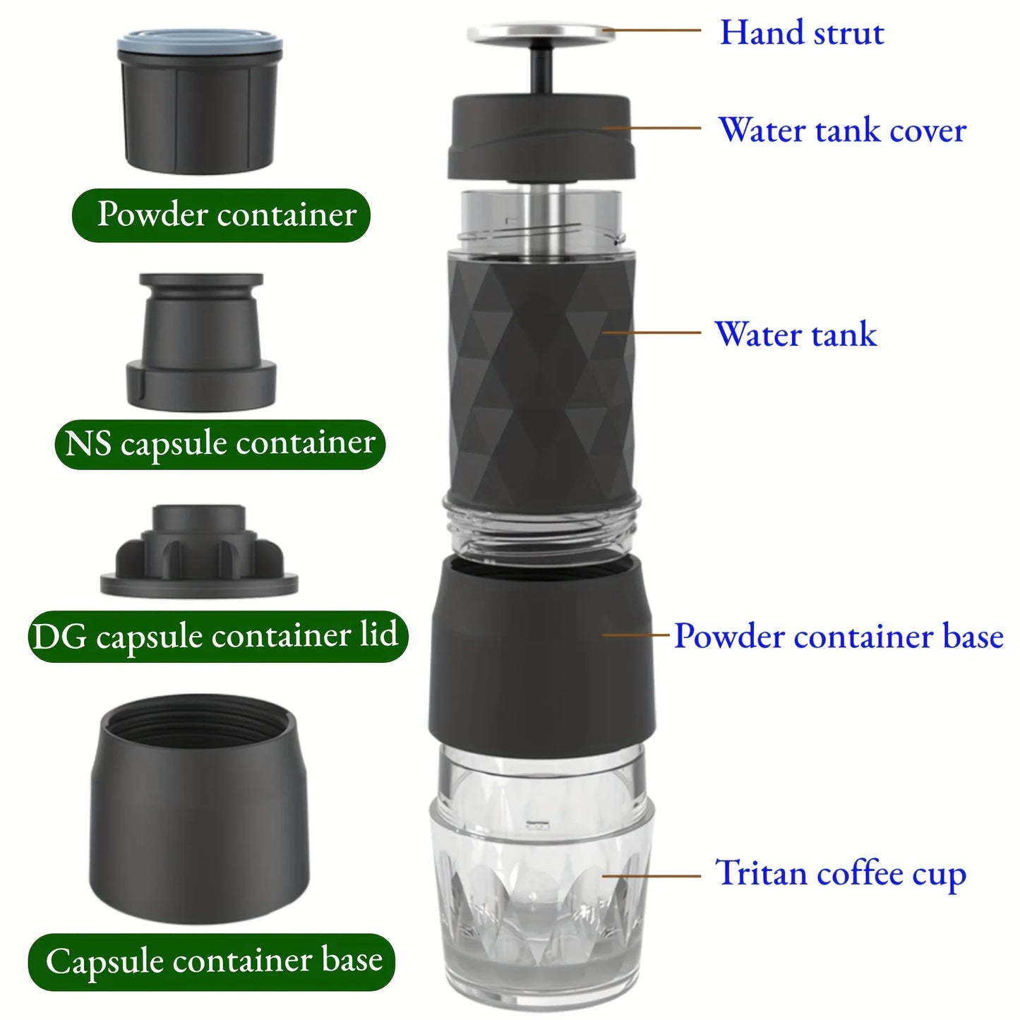 3 In1 Portable Coffee Machine Hot/Cold Water Manual Espresso Maker for Capsule & Ground Hand Press Brewer Hiking Travel
