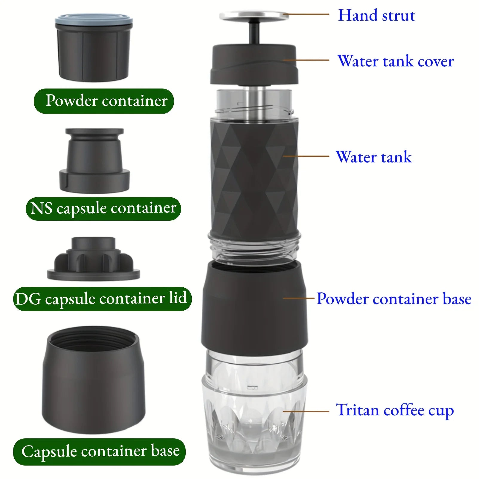 3 In1 Portable Coffee Machine Hot/Cold Water Manual Espresso Maker for Capsule & Ground Hand Press Brewer Hiking Travel