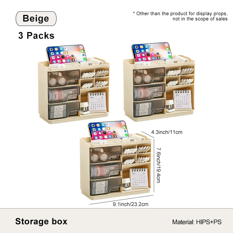 Multi-Layer Drawer Type Desktop Storage Box , Office Large Capacity Cream Wind Stationery Organizer 2PCS/3PCS