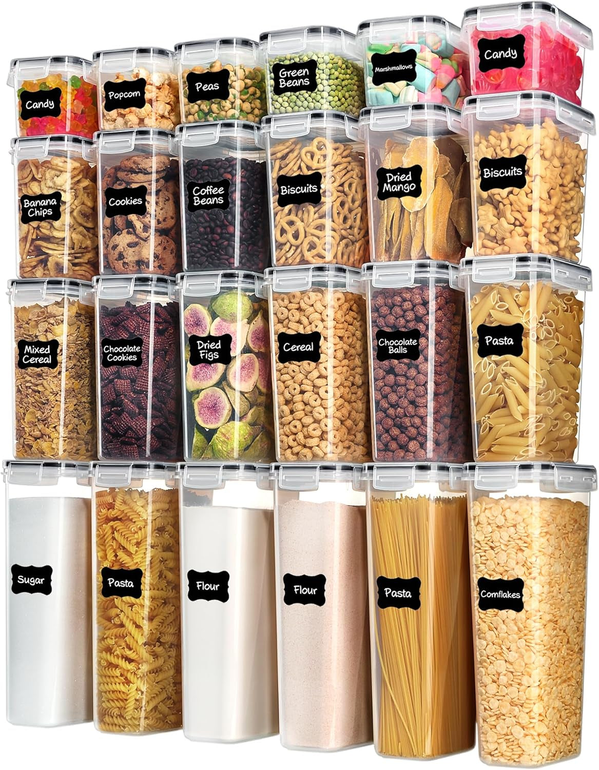 Airtight Food Storage Containers with Lids, 24 Pcs Plastic Kitchen and Pantry Organization Canisters for Cereal, Dry Food, Flour and Sugar, BPA Free, Includes 24 Labels