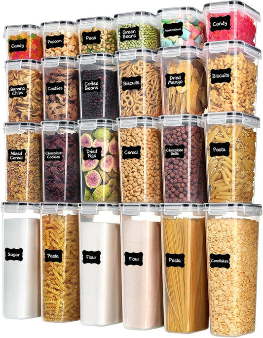Airtight Food Storage Containers with Lids, 24 Pcs Plastic Kitchen and Pantry Organization Canisters for Cereal, Dry Food, Flour and Sugar, BPA Free, Includes 24 Labels