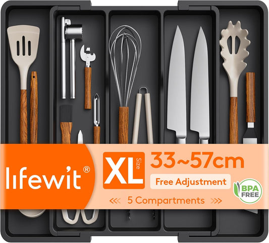 Cutlery Drawer Organiser, Expandable Cutlery Tray for Kitchen, Extra Large Utensil Holder, Plastic Kitchen Storage & Organisation for Spatula Tools and Gadgets, 33-57×38Cm Black