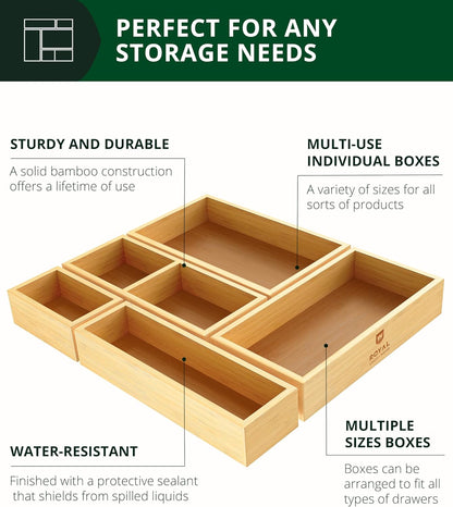 Luxury Bamboo Drawer Organizer Storage Box, Bin Set - Multi-Use Drawer Organizer for Kitchen, Bathroom, Office Desk, Makeup, Jewelry (5 Boxes)