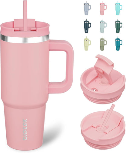 30Oz Stainless Steel Insulated Tumbler with Handle and Lid Straw Travel Coffee Mug Thermal Cup,Light Pink