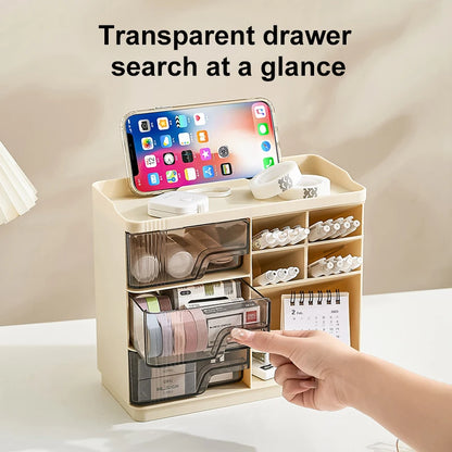 Multi-Layer Drawer Type Desktop Storage Box , Office Large Capacity Cream Wind Stationery Organizer 2PCS/3PCS