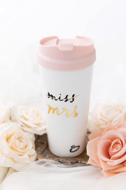 Insulated Thermal Travel Mug Tumbler, 16 Ounces, Miss to Mrs. (Pink)