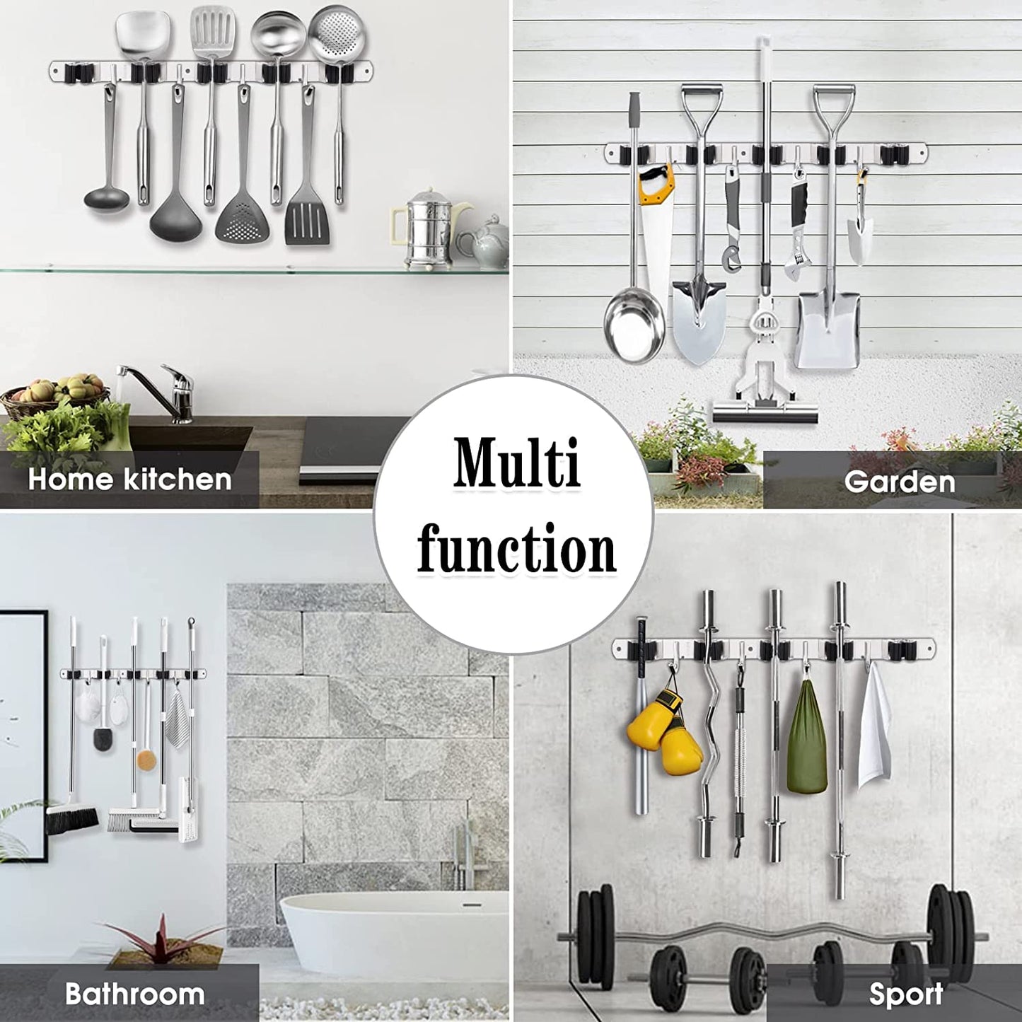 5 Racks and 4 Hooks Mop and Broom Holder Wall Mount, Broom Organizer Storage Tool Racks Stainless Steel Heavy Duty Hooks Self Adhesive Solid Non-Slip for Home Kitchen Garden Laundry Garage