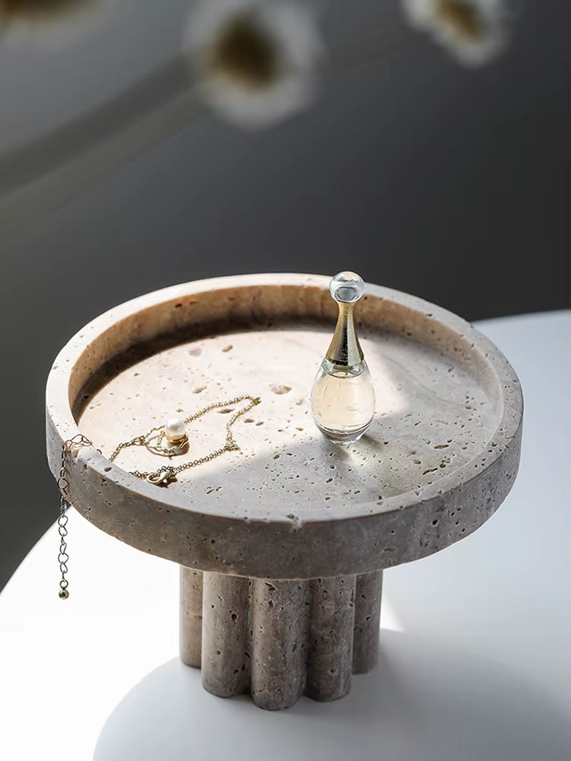 Luxury Marble Serving Tray with Legs, Decorative Travertine Dish for Coffee Table Decor, Stone Vanity Tray for Perfume Candles