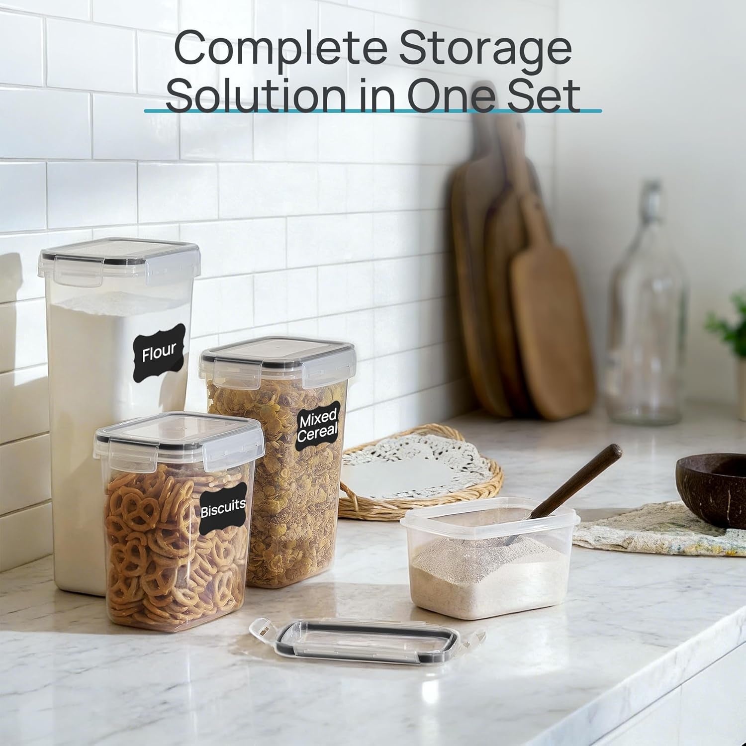 Airtight Food Storage Containers with Lids, 24 Pcs Plastic Kitchen and Pantry Organization Canisters for Cereal, Dry Food, Flour and Sugar, BPA Free, Includes 24 Labels