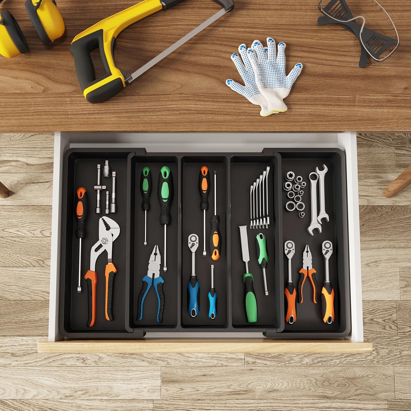 Cutlery Drawer Organiser, Expandable Cutlery Tray for Kitchen, Extra Large Utensil Holder, Plastic Kitchen Storage & Organisation for Spatula Tools and Gadgets, 33-57×38Cm Black