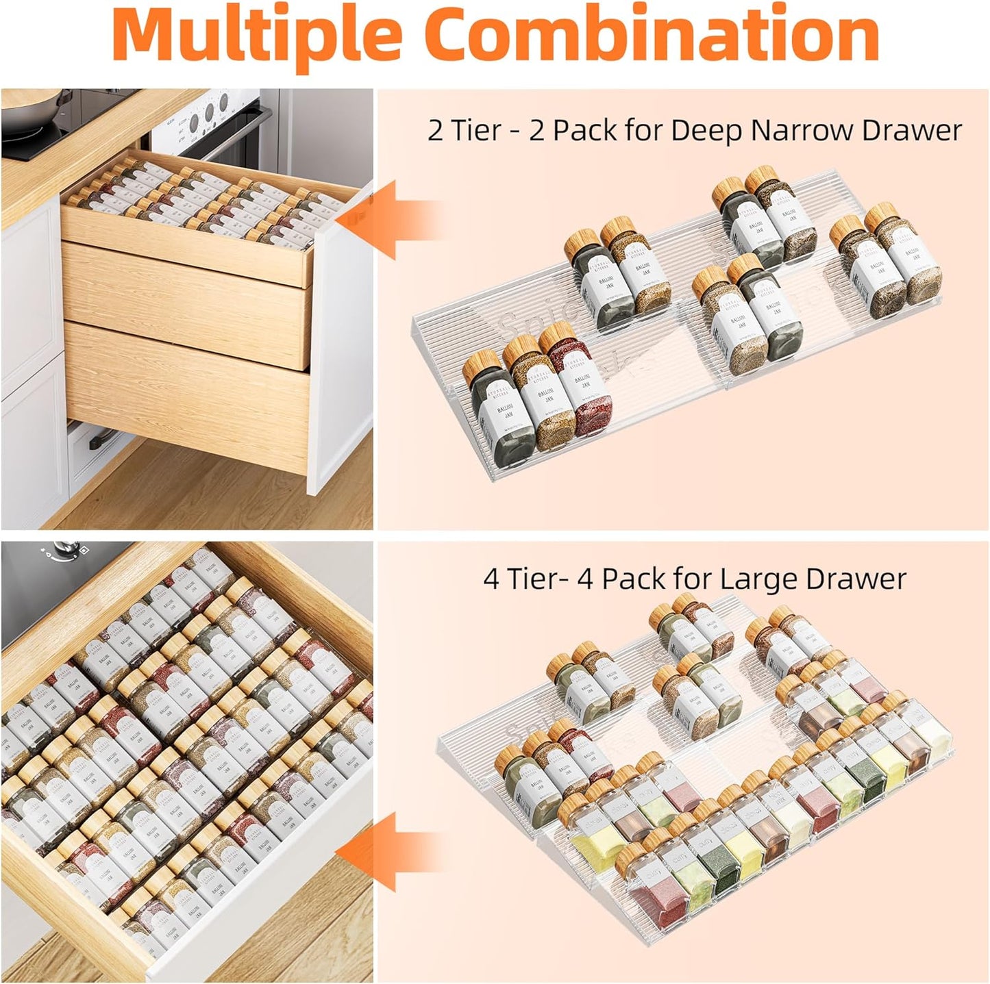 Spice Drawer Organizer, 4 Tier- 4 Pack Clear Acrylic Drawer Seasoning Organizer, Expandable from 11'' to 22'' Kitchen Spice Rack Organizers and Storage for Drawer (Jars Not Included)