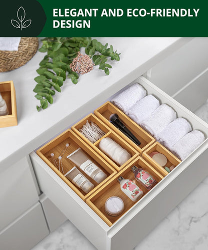 Luxury Bamboo Drawer Organizer Storage Box, Bin Set - Multi-Use Drawer Organizer for Kitchen, Bathroom, Office Desk, Makeup, Jewelry (5 Boxes)