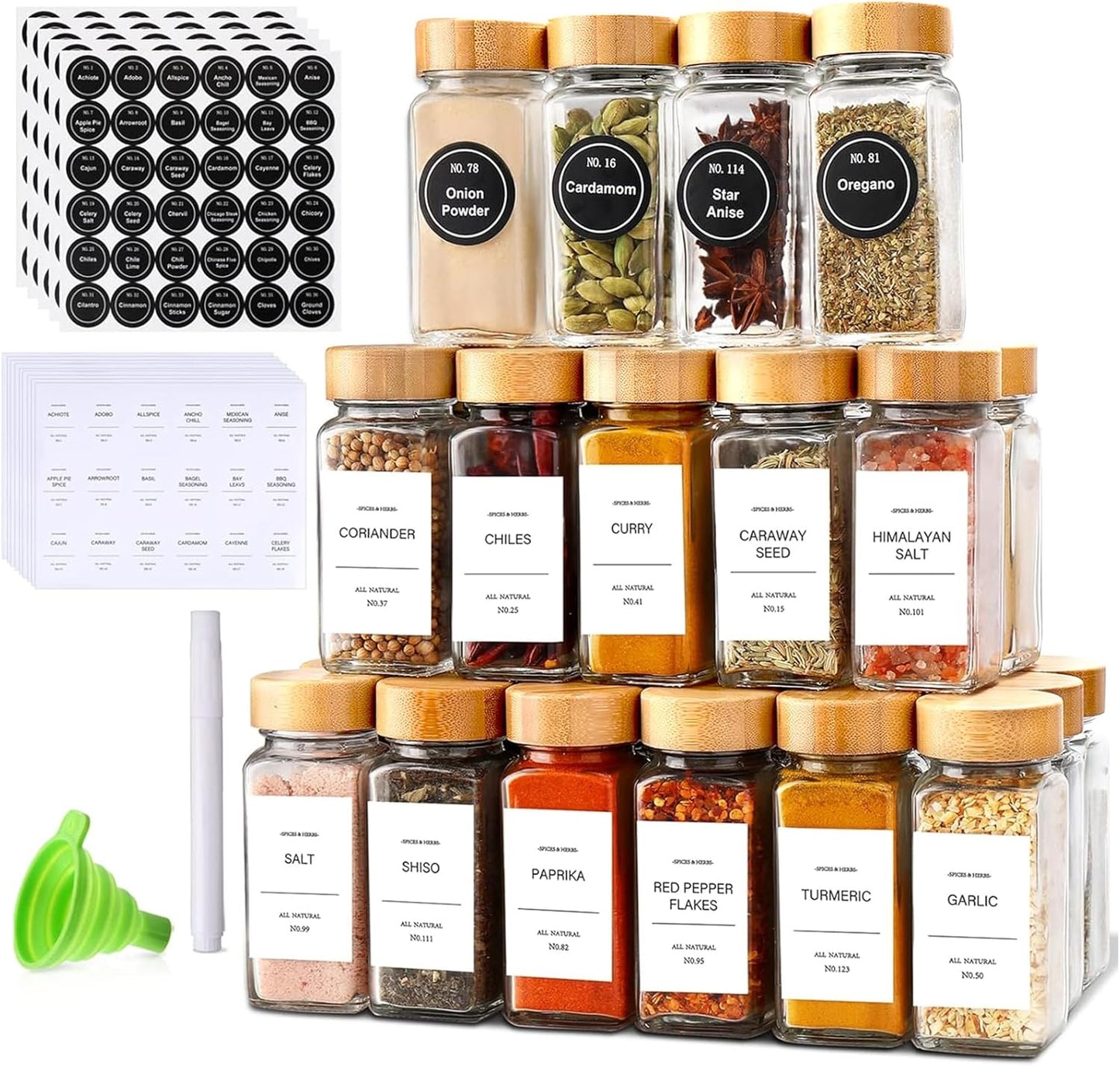Spice Jars with Label 24Pcs,Seasoning Containers,Glass Spice Jars with Bamboo Lids,Kitchen Essentials,Spices Container Set,Kitchen Set,Seasoning Organizer,Spice Rack Organizer for Cabinet