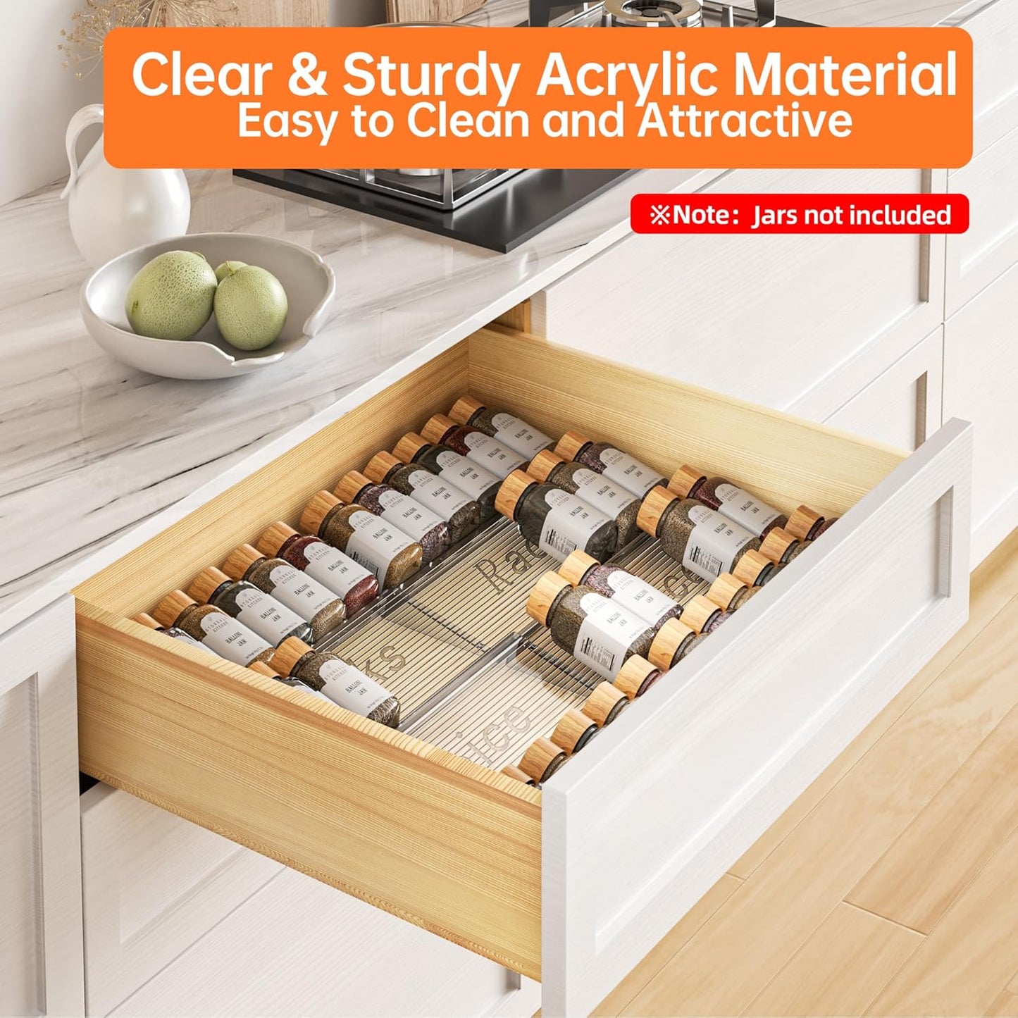 Spice Drawer Organizer, 4 Tier- 4 Pack Clear Acrylic Drawer Seasoning Organizer, Expandable from 11'' to 22'' Kitchen Spice Rack Organizers and Storage for Drawer (Jars Not Included)