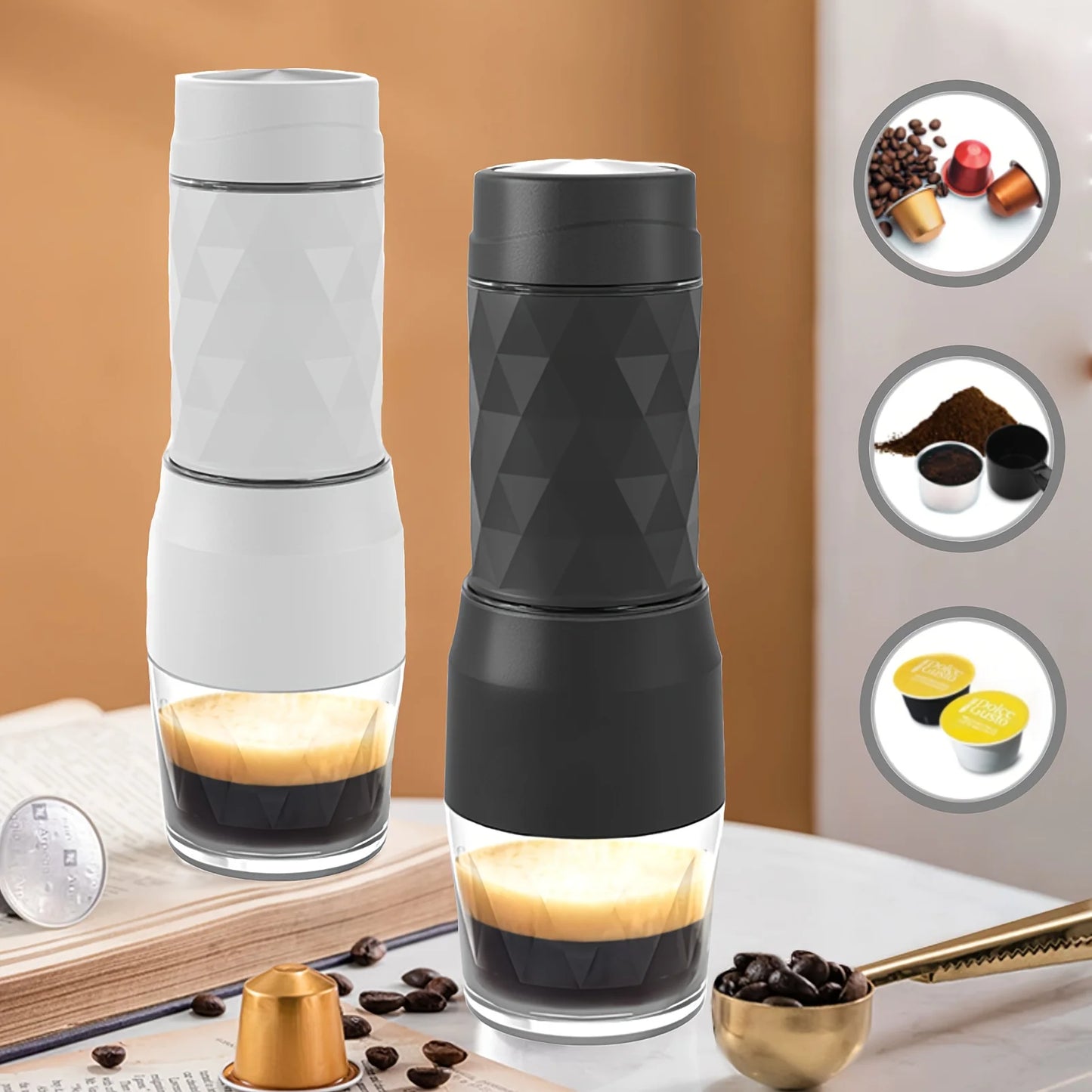 3 In1 Portable Coffee Machine Hot/Cold Water Manual Espresso Maker for Capsule & Ground Hand Press Brewer Hiking Travel