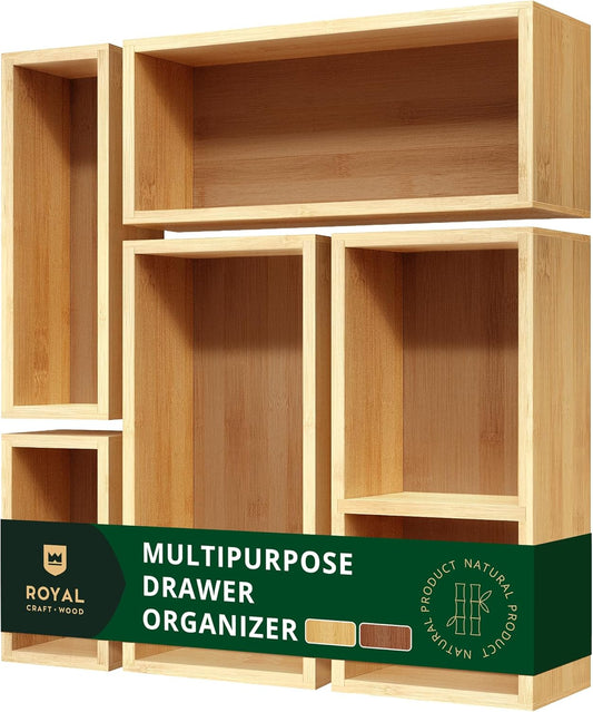 Luxury Bamboo Drawer Organizer Storage Box, Bin Set - Multi-Use Drawer Organizer for Kitchen, Bathroom, Office Desk, Makeup, Jewelry (5 Boxes)