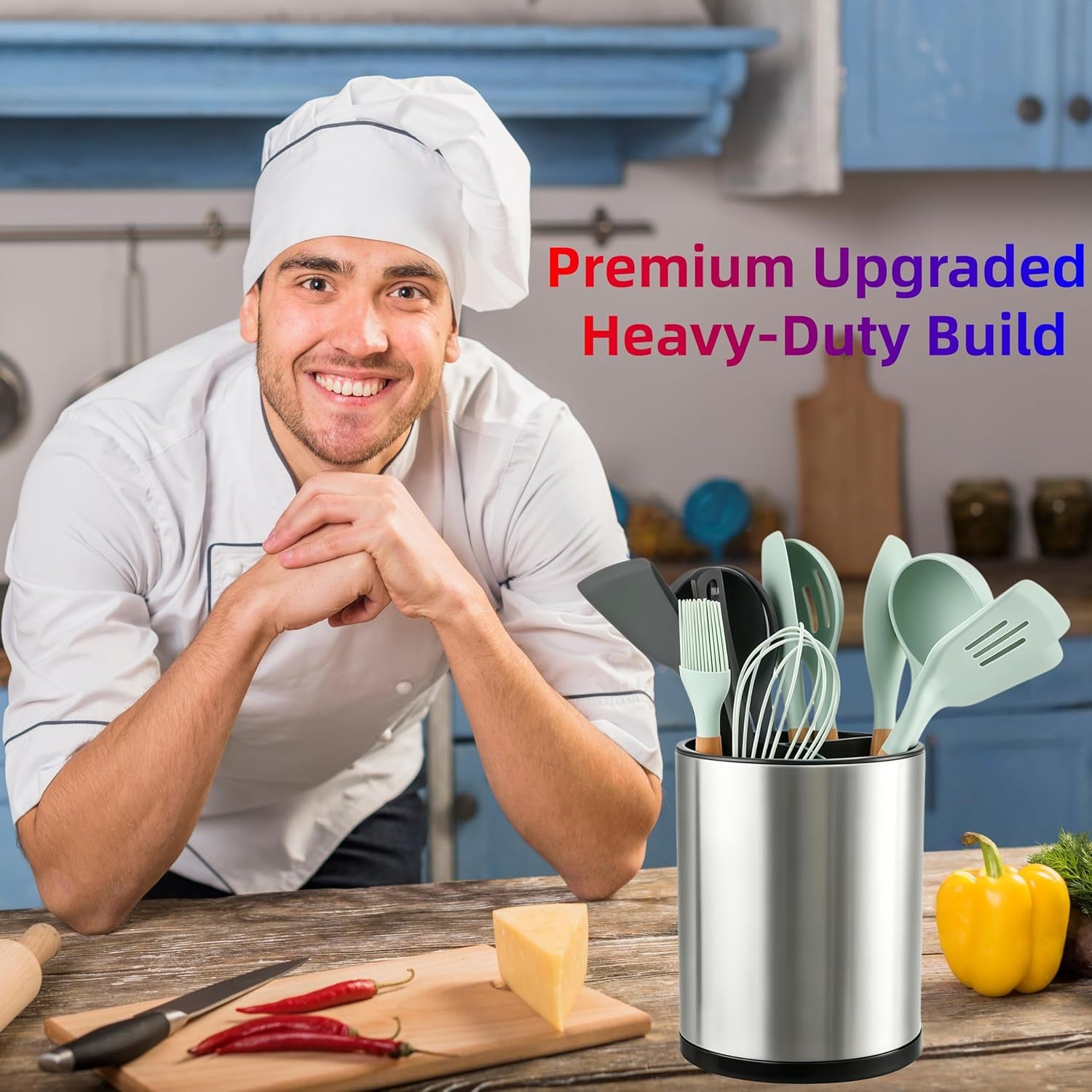 Kitchen Utensil Holder Extra Large 360° Rotating for Counter Organizer Stainless Steel Storage Cooking Silverware Caddy Flatware 3 Compartment Flatware Spoon Spatula Lazy Susan （Silvery）