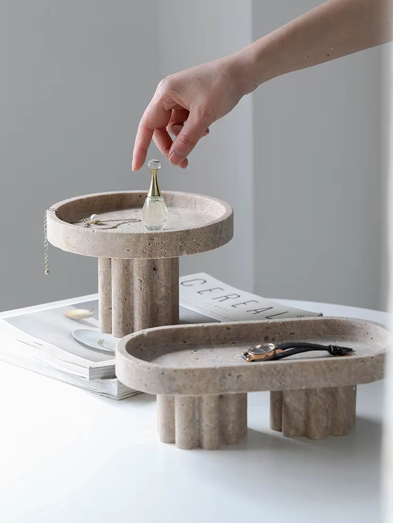 Luxury Marble Serving Tray with Legs, Decorative Travertine Dish for Coffee Table Decor, Stone Vanity Tray for Perfume Candles