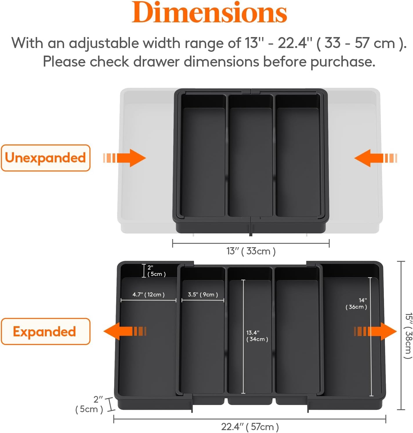 Cutlery Drawer Organiser, Expandable Cutlery Tray for Kitchen, Extra Large Utensil Holder, Plastic Kitchen Storage & Organisation for Spatula Tools and Gadgets, 33-57×38Cm Black