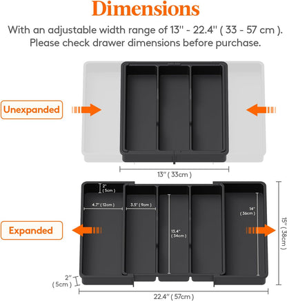 Cutlery Drawer Organiser, Expandable Cutlery Tray for Kitchen, Extra Large Utensil Holder, Plastic Kitchen Storage & Organisation for Spatula Tools and Gadgets, 33-57×38Cm Black