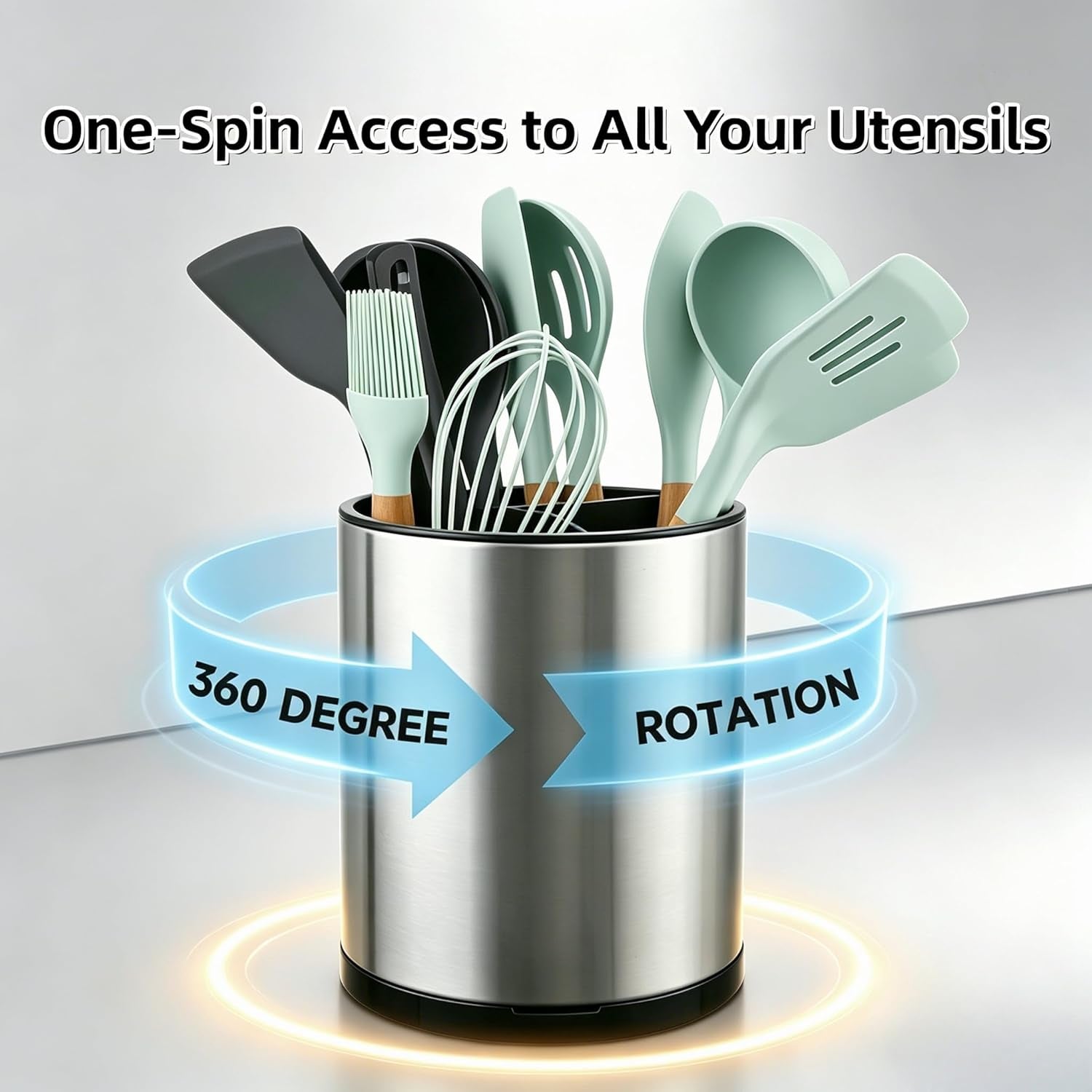 Kitchen Utensil Holder Extra Large 360° Rotating for Counter Organizer Stainless Steel Storage Cooking Silverware Caddy Flatware 3 Compartment Flatware Spoon Spatula Lazy Susan （Silvery）
