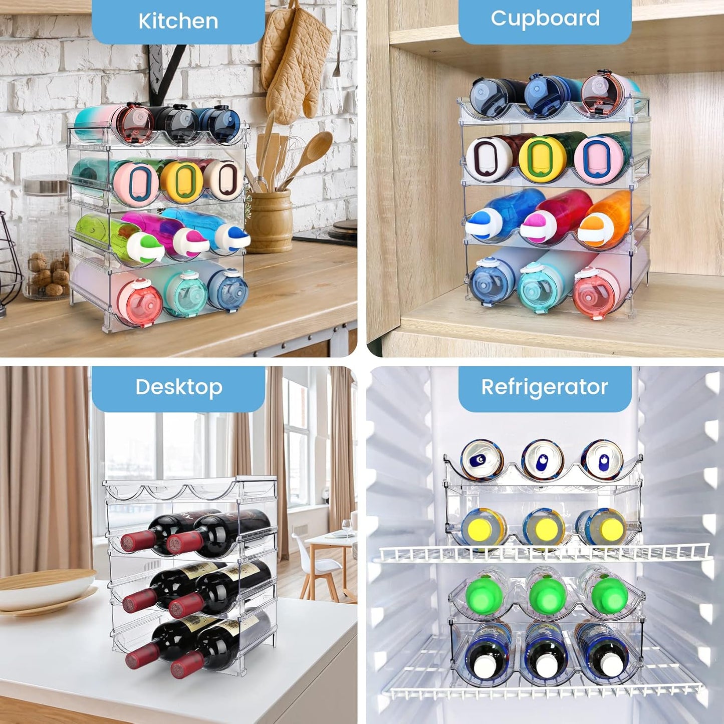 Water Bottle Organizer for Cabinet, 4 Pack Water Bottle Organization and Storage Shelf, Plastic Water Bottle Holder Rack for Fridge, Kitchen, Desktop