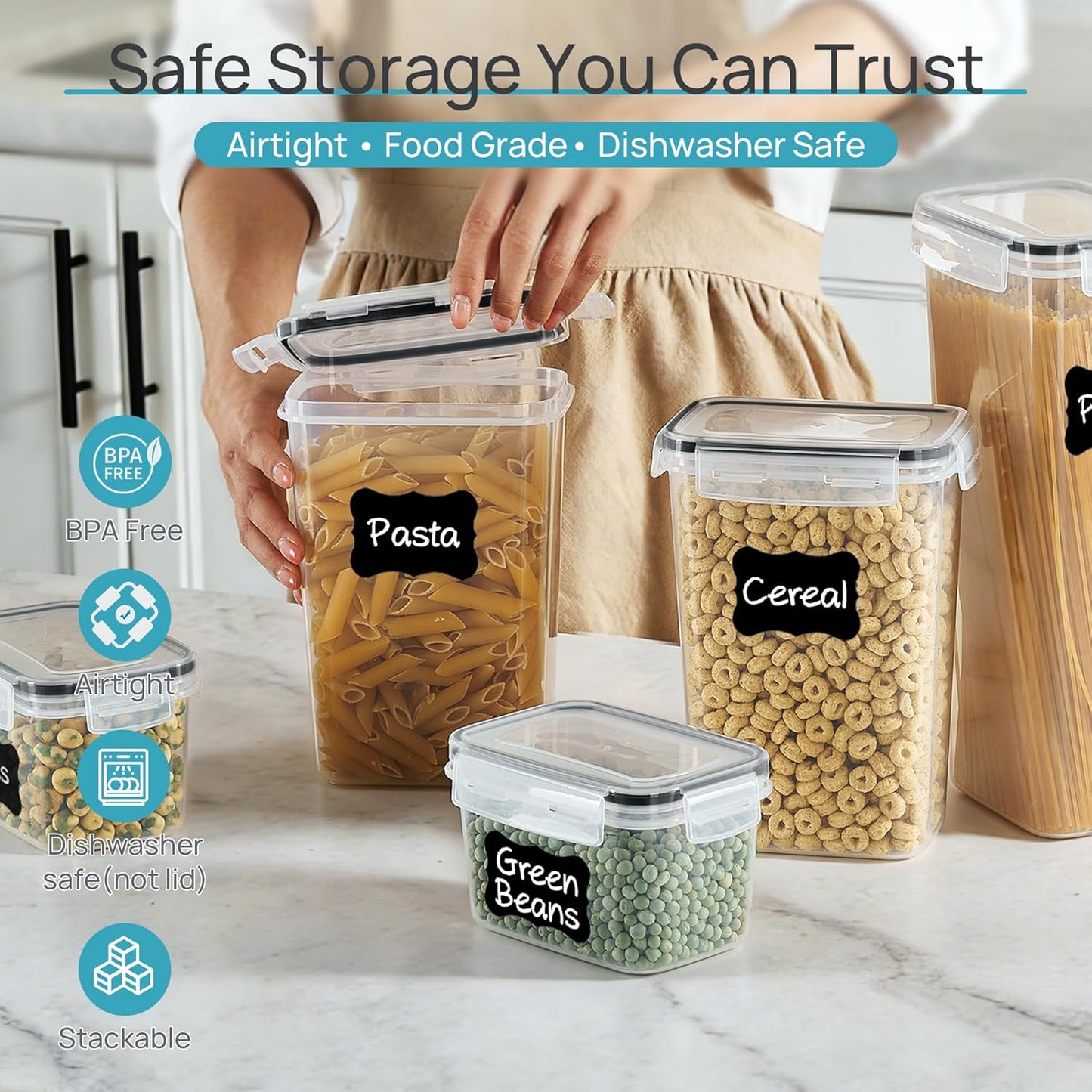 Airtight Food Storage Containers with Lids, 24 Pcs Plastic Kitchen and Pantry Organization Canisters for Cereal, Dry Food, Flour and Sugar, BPA Free, Includes 24 Labels