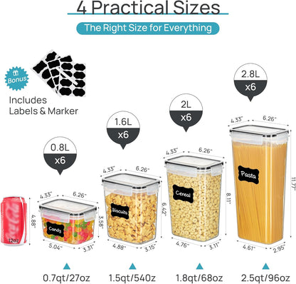 Airtight Food Storage Containers with Lids, 24 Pcs Plastic Kitchen and Pantry Organization Canisters for Cereal, Dry Food, Flour and Sugar, BPA Free, Includes 24 Labels