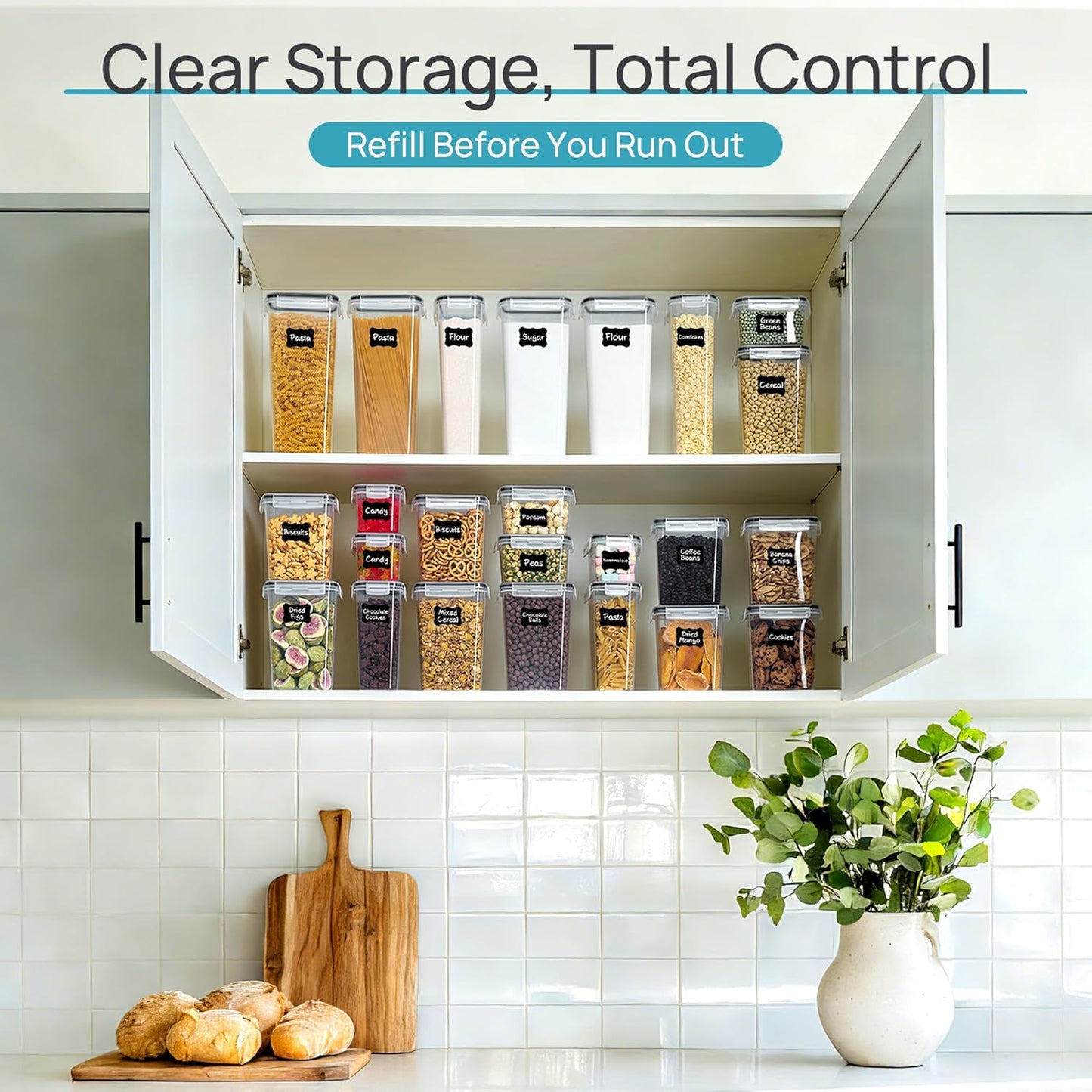 Airtight Food Storage Containers with Lids, 24 Pcs Plastic Kitchen and Pantry Organization Canisters for Cereal, Dry Food, Flour and Sugar, BPA Free, Includes 24 Labels