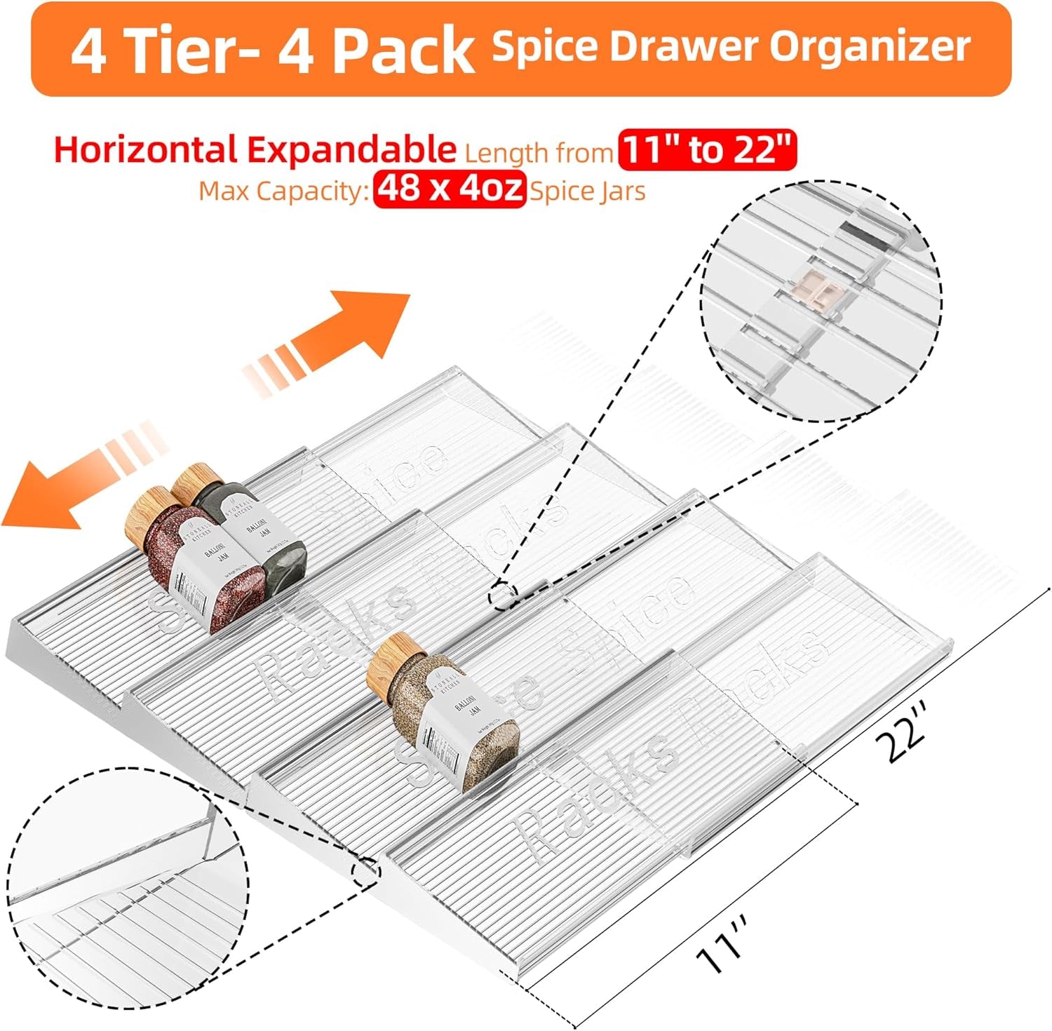 Spice Drawer Organizer, 4 Tier- 4 Pack Clear Acrylic Drawer Seasoning Organizer, Expandable from 11'' to 22'' Kitchen Spice Rack Organizers and Storage for Drawer (Jars Not Included)