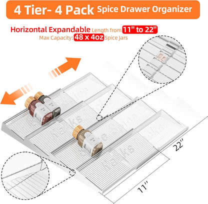 Spice Drawer Organizer, 4 Tier- 4 Pack Clear Acrylic Drawer Seasoning Organizer, Expandable from 11'' to 22'' Kitchen Spice Rack Organizers and Storage for Drawer (Jars Not Included)