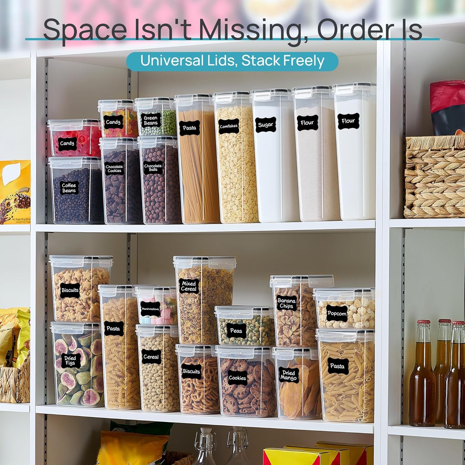 Airtight Food Storage Containers with Lids, 24 Pcs Plastic Kitchen and Pantry Organization Canisters for Cereal, Dry Food, Flour and Sugar, BPA Free, Includes 24 Labels