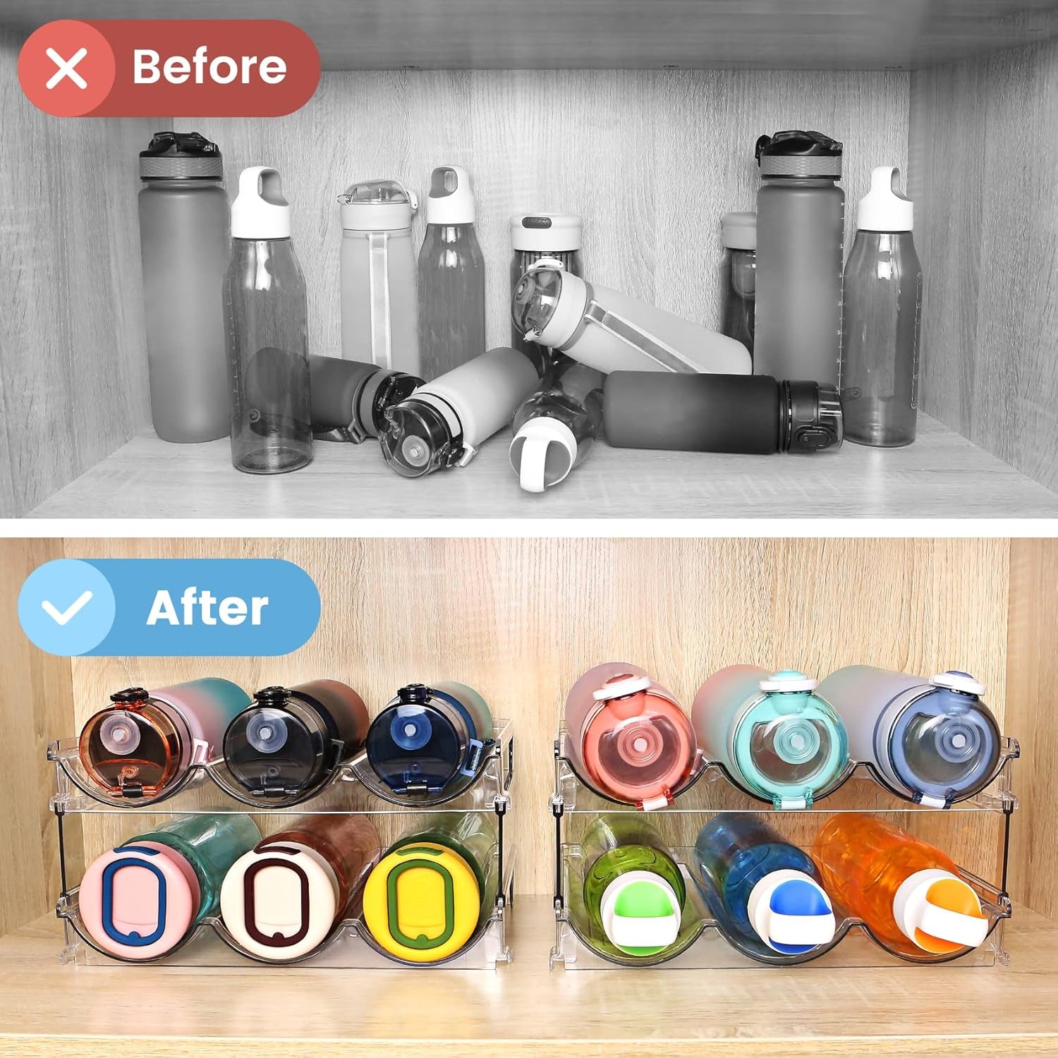 Water Bottle Organizer for Cabinet, 4 Pack Water Bottle Organization and Storage Shelf, Plastic Water Bottle Holder Rack for Fridge, Kitchen, Desktop