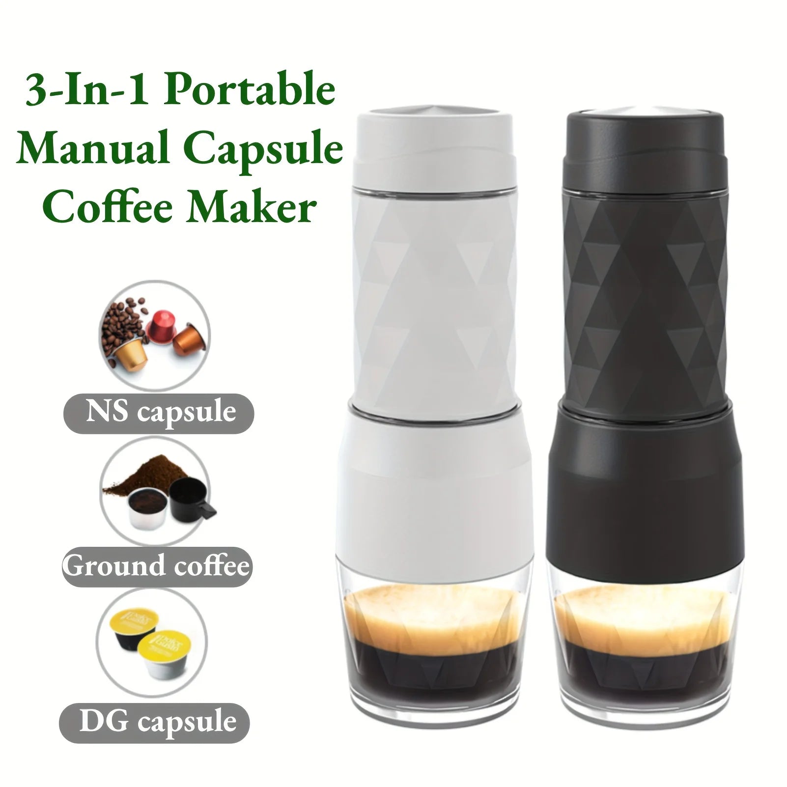 3 In1 Portable Coffee Machine Hot/Cold Water Manual Espresso Maker for Capsule & Ground Hand Press Brewer Hiking Travel
