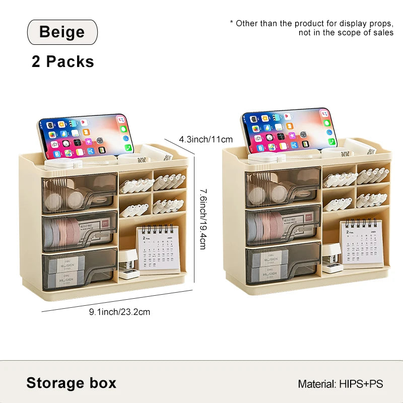 Multi-Layer Drawer Type Desktop Storage Box , Office Large Capacity Cream Wind Stationery Organizer 2PCS/3PCS