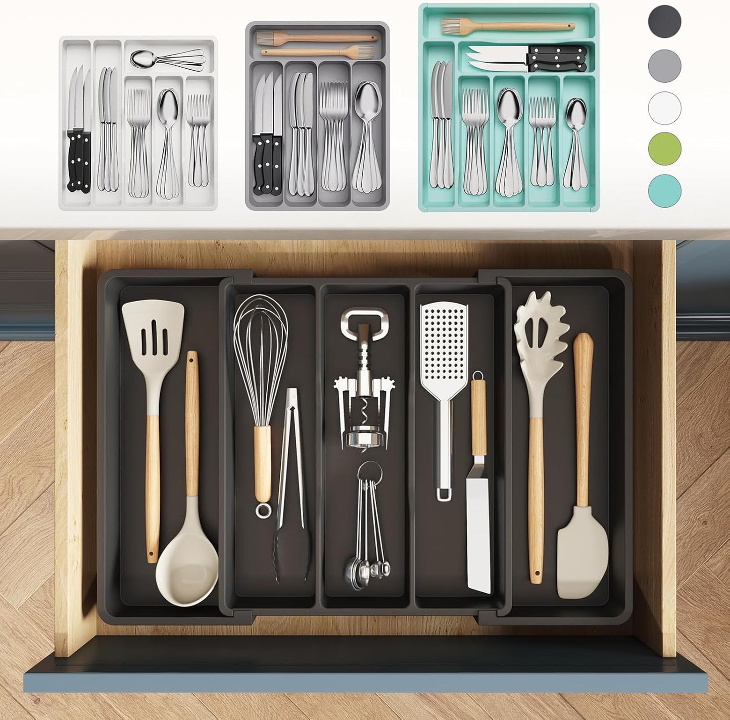 Cutlery Drawer Organiser, Expandable Cutlery Tray for Kitchen, Extra Large Utensil Holder, Plastic Kitchen Storage & Organisation for Spatula Tools and Gadgets, 33-57×38Cm Black