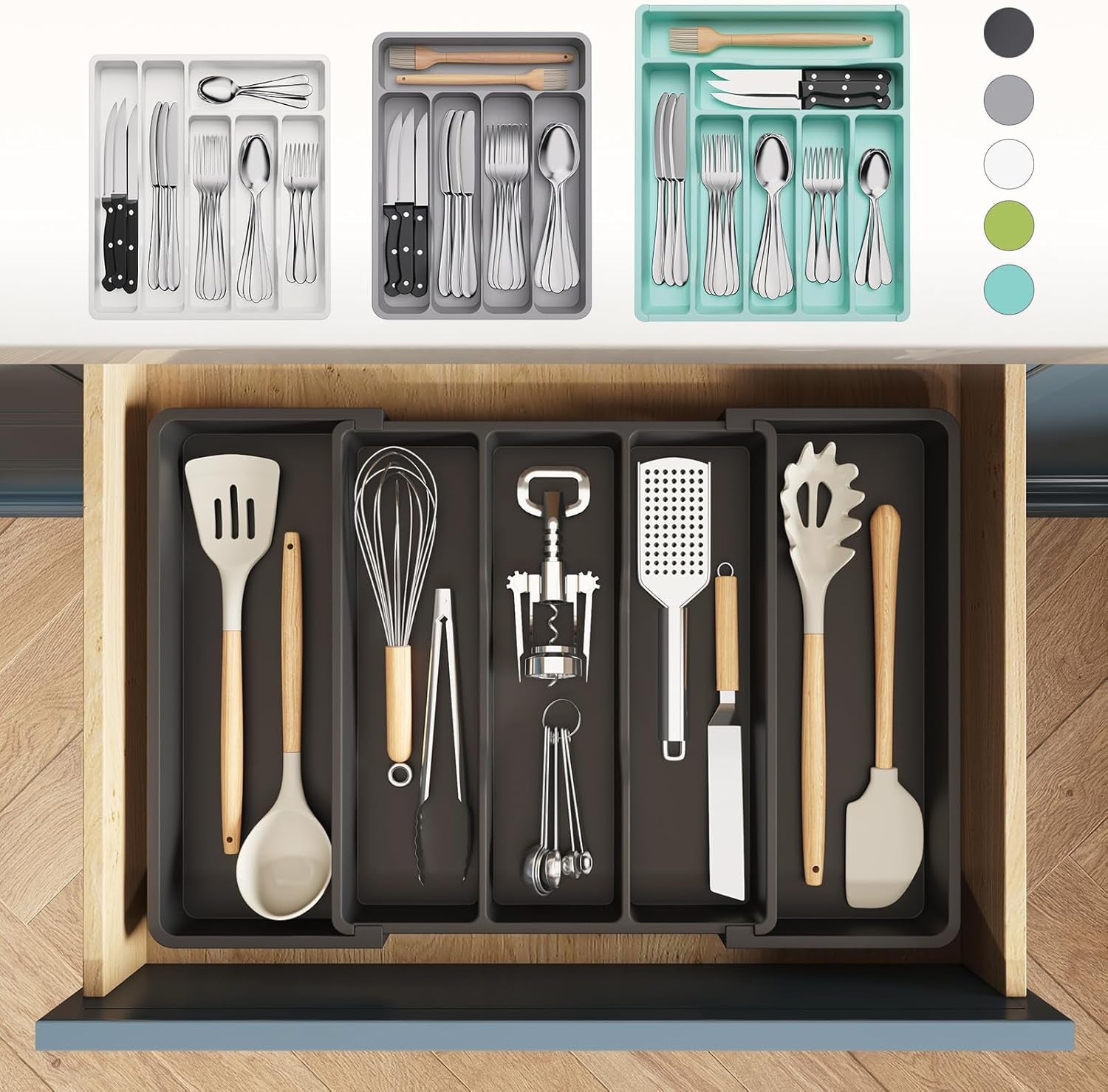 Cutlery Drawer Organiser, Expandable Cutlery Tray for Kitchen, Extra Large Utensil Holder, Plastic Kitchen Storage & Organisation for Spatula Tools and Gadgets, 33-57×38Cm Black