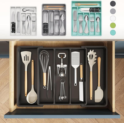 Cutlery Drawer Organiser, Expandable Cutlery Tray for Kitchen, Extra Large Utensil Holder, Plastic Kitchen Storage & Organisation for Spatula Tools and Gadgets, 33-57×38Cm Black