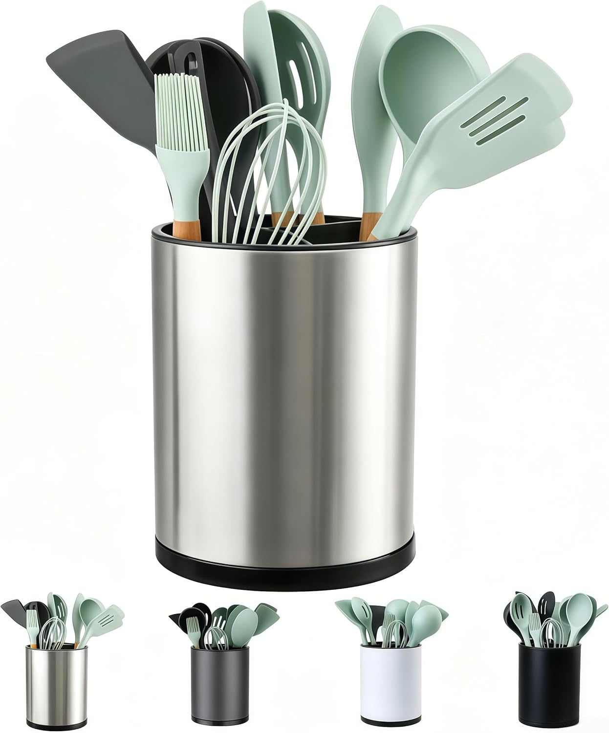 Kitchen Utensil Holder Extra Large 360° Rotating for Counter Organizer Stainless Steel Storage Cooking Silverware Caddy Flatware 3 Compartment Flatware Spoon Spatula Lazy Susan （Silvery）