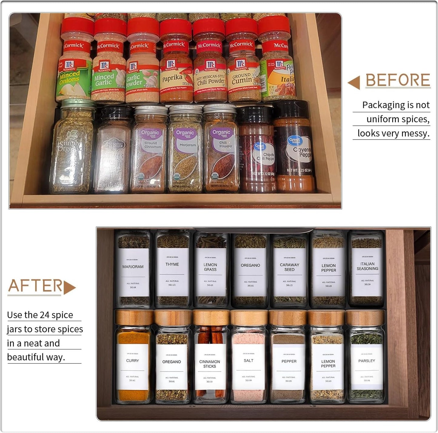 Spice Jars with Label 24Pcs,Seasoning Containers,Glass Spice Jars with Bamboo Lids,Kitchen Essentials,Spices Container Set,Kitchen Set,Seasoning Organizer,Spice Rack Organizer for Cabinet