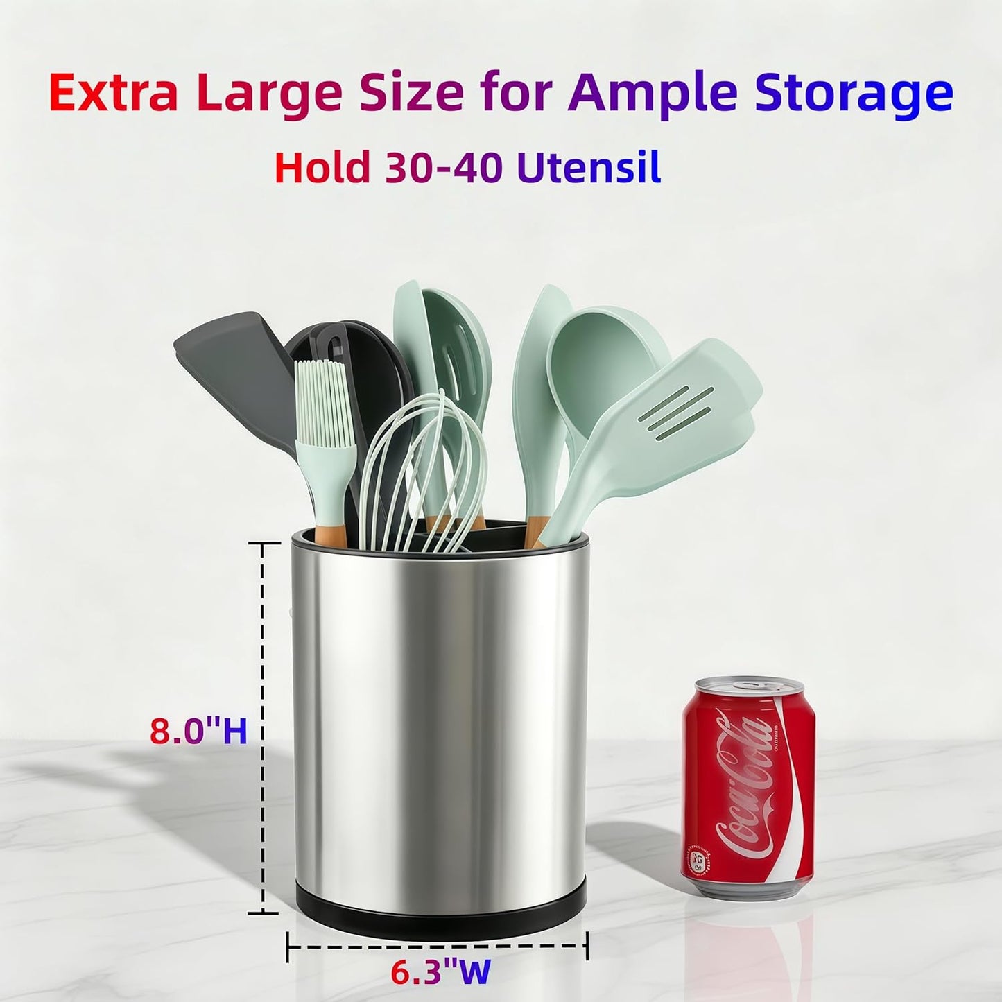 Kitchen Utensil Holder Extra Large 360° Rotating for Counter Organizer Stainless Steel Storage Cooking Silverware Caddy Flatware 3 Compartment Flatware Spoon Spatula Lazy Susan （Silvery）