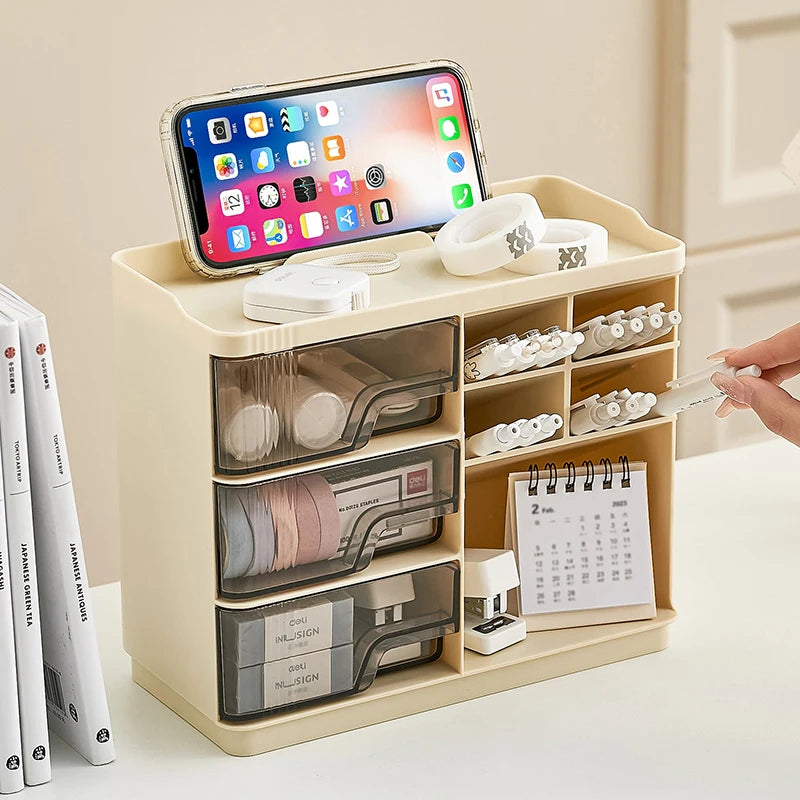 Multi-Layer Drawer Type Desktop Storage Box , Office Large Capacity Cream Wind Stationery Organizer 2PCS/3PCS